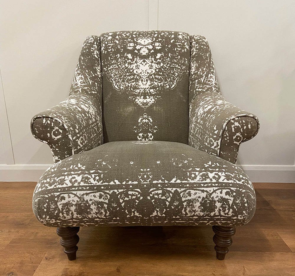 Tetrad Jacaranda Chair in Bagru Khaki and Cream pattern Fabric, with rolled arms and dark wood turned legs
