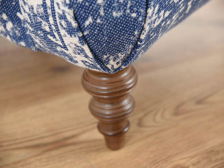 Tetrad Jacaranda Petit Sofa in Bagru Indigo Fabric with traditional turned wood legs