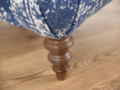 Tetrad Jacaranda Petit Sofa in Bagru Indigo Fabric with traditional turned wood legs