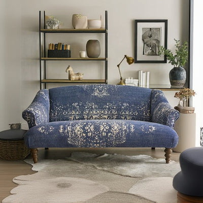 Tetrad Jacaranda Petit Sofa in Bagru Indigo and Cream Fabric, with traditional turned legs