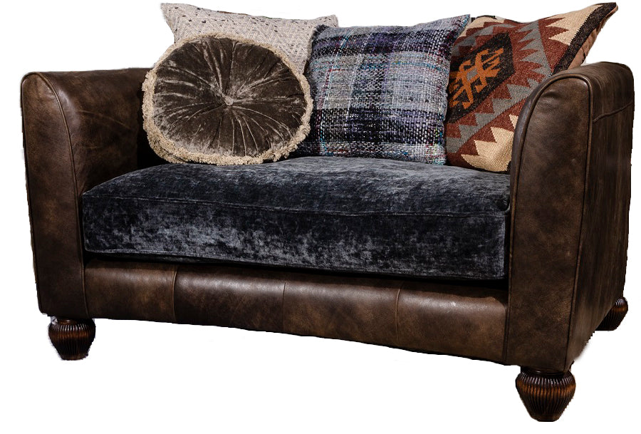 Tetrad Lowry Snuggler Sofa for 1-2 people in a combination of rich deep brown Leather and sumptuous crushed velvet seat cushion, with a range of coordinating scatter cushions
