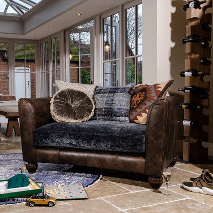 Tetrad Lowry Snuggler Sofa in deep brown Leather and charcoal grey Velvet seat with scatter back cushions to match