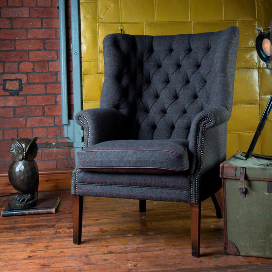 Tetrad Mackenzie Chair Oban Check Iris | Harris Tweed Wing Chair ...