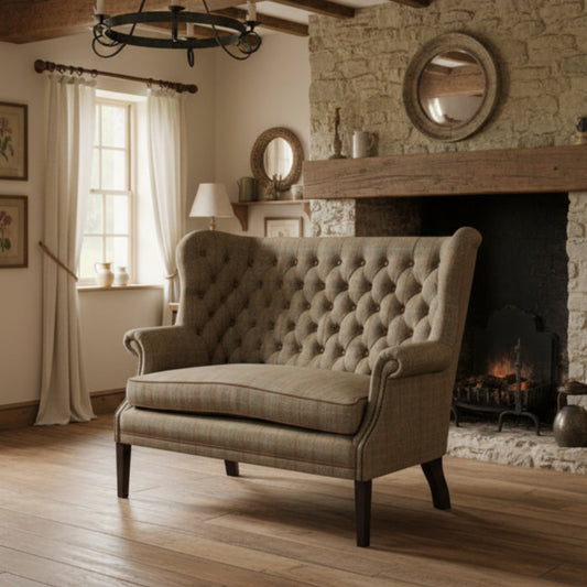 Tetrad Mackenzie Petit Sofa in Bracken Herringbone upholstery with deep button tufting to the high winged backrest, scrolled arms and dark wooden legs