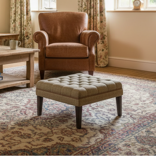 Tetrad Mackenzie Footstool in Bracken Herringbone patterned upholstery with deep button tufting and dark wooden legs