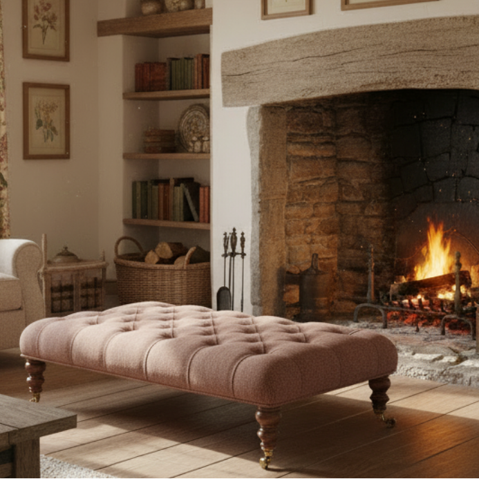 Tetrad Melrose Footstool in Jura Rose is a beautifully crafted comfortable footrest in a rose pink colour with turned wood feet and brass castors 