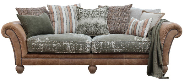 Tetrad Montana Grand Sofa in Atacama Nutmeg Premium Leather, with khaki patterned fabric seat cushions and coordinating scatter back cushions, and traditional bun turned wooden feet