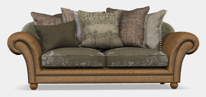 Tetrad Montana Midi Sofa in Atacama Nutmeg Leather can seat 2-3 people, with khaki and cream pattern cushions and coordinating scatter back cushions