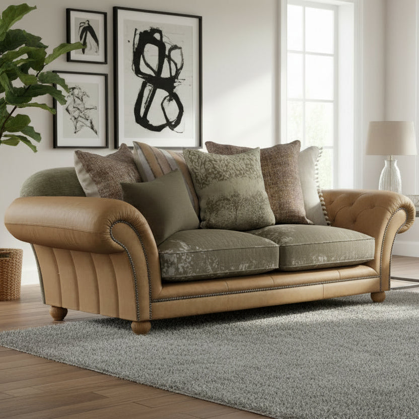 Tetrad Montana Midi Sofa for 2-3 people, in Atacama Nutmeg Premium Leather, fabric seat cushions and matching scatter backs, with scrolled armrests and Bun shaped feet