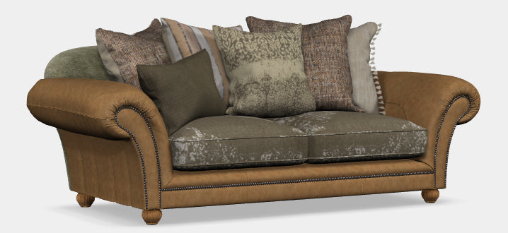 Tetrad Montana Midi Sofa in Atacama Nutmeg Leather, features brass stud detailing, patterned fabric cushions and traditional Bun feet