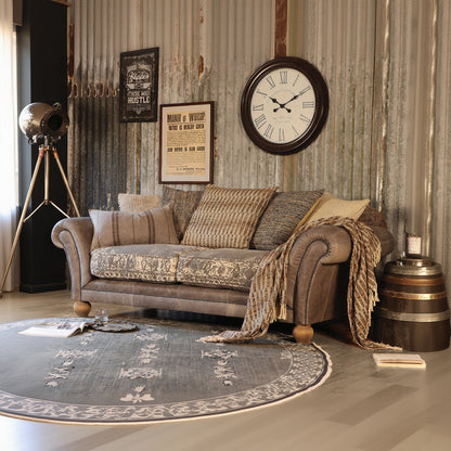 Tetrad Montana Midi Sofa in Atacama Pewter Leather with champagne gold toned crushed velvet seat cushions and coordinating scatter back cushions