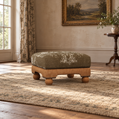 Tetrad Montana Square Footstool in Bagru Khaki Fabric and Atacama Nutmeg Leather — lifestyle visualisation generated from the product cutout.