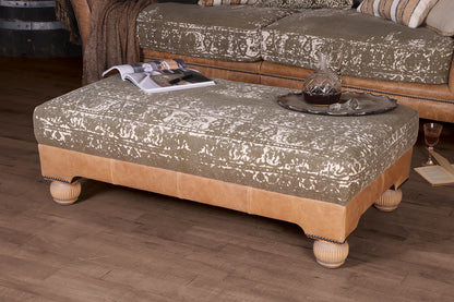 Tetrad Montana Stool in Atacama Nutmeg Tan Leather with a cream and khaki colour upholstery, beautiful stud detailing and Bun feet