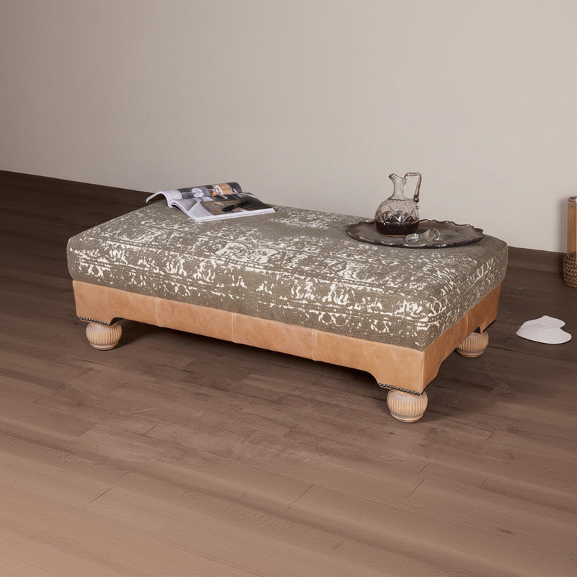 Tetrad Montana Stool in Atacama Nutmeg Premium Leather with a sophisticated patterned fabric in khaki and cream tones, and traditional Bun feet