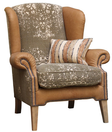 Tetrad Montana Atacama Nutmeg Leather winged armchair with brass stud detailing and pattern fabric seat
