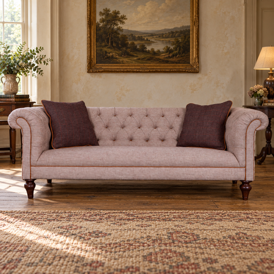 Tetrad Regent Midi Sofa in Heather Harris Tweed and Brompton Tan Leather — lifestyle visualisation generated from the product cutout.