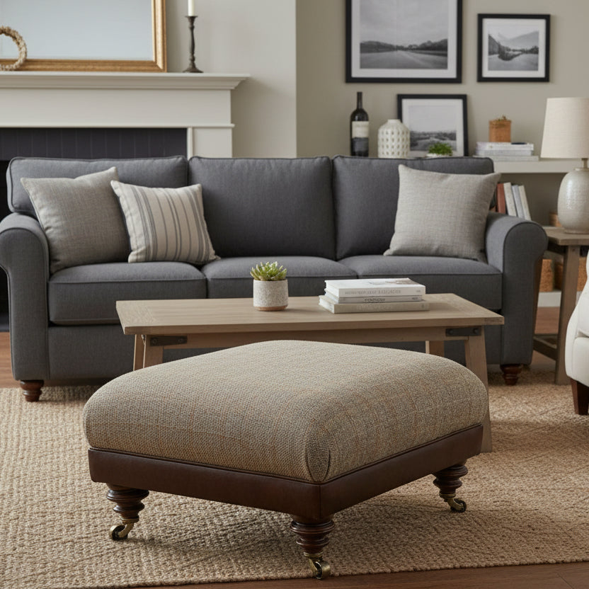 Tetrad Taransay Footstool in Natural Linen Fabric with leather base and dark wooden legs with castors