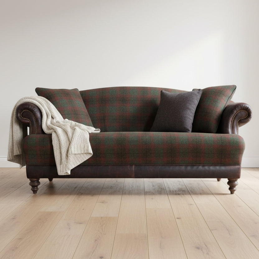 Tetrad Taransay Petit Sofa in Mixed Tartan Fabric and Leather accents with co-ordinating scatter cushions