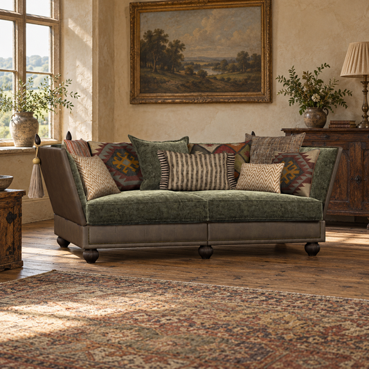 Tetrad Warwick Midi Sofa in Coco Velvet Olive Fabric and Comanche Timber Leather — lifestyle visualisation generated from the product cutout.