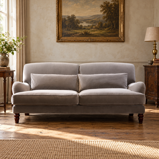 Tetrad Windermere Midi Sofa in Oscar Velvet Powder Grey Fabric — lifestyle visualisation generated from the product cutout.