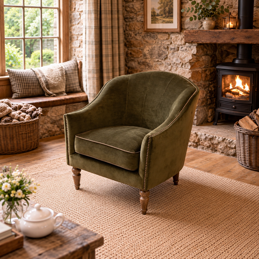 Vintage Sofa Company Alba Chair in Verona Seaweed with Piping shown complete in a square lifestyle room photograph