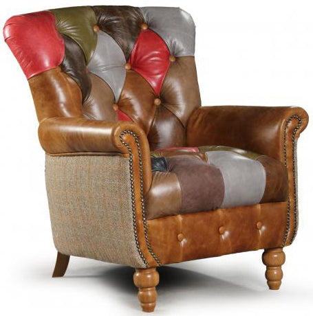 Vintage Sofa Company Alderley Patchwork Armchair in Patchwork Leather with Harris Tweed fabric sides.
