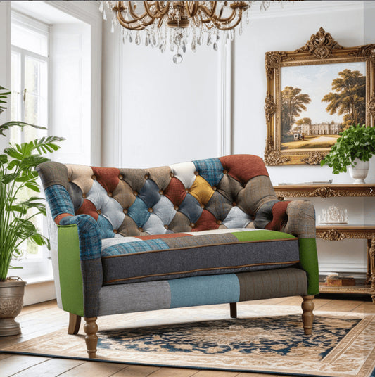 Vintage Sofa Company Alsace Patchwork Petit Sofa is a compact 2 seater with mixed patchwork upholstery, diamond buttoned tufting, softly shaped arms and turned wooden legs