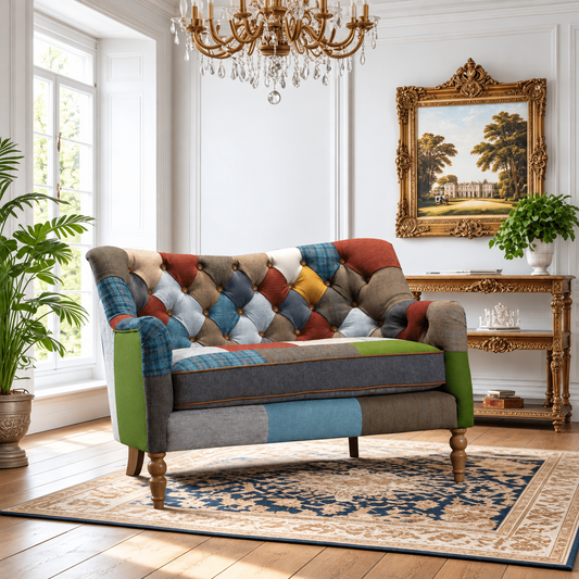 Vintage Sofa Company Alsace Patchwork Petit Sofa shown complete in a square lifestyle room photograph