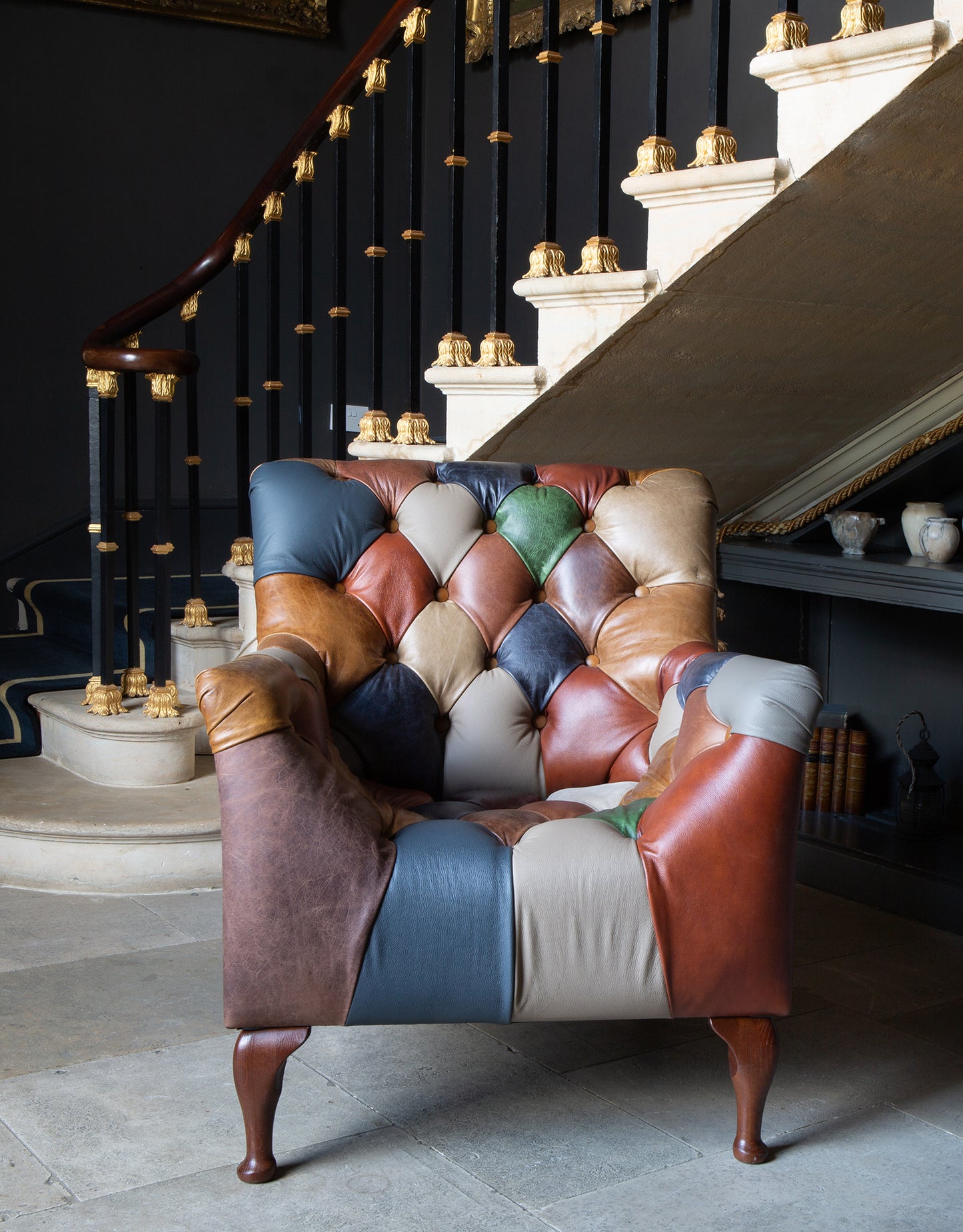 Vintage Sofa Company Bamford Leather Patchwork Armchair with diamond buttoning and Queen Anne legs