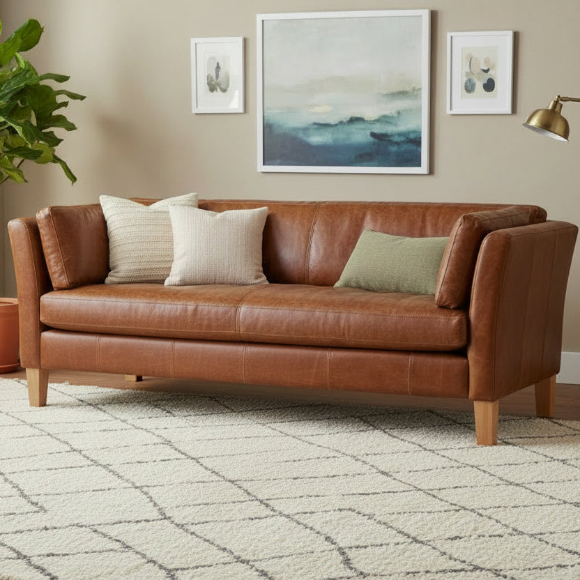 Vintage Sofa Company Barkby 2 Seater Sofa in 3L Rich Tan Leather with supportive back and arm cushions, and wooden legs