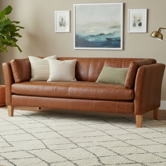 Vintage Sofa Company Barkby 2 Seater Sofa in 3L Rich Tan Leather with supportive back and arm cushions, and wooden legs