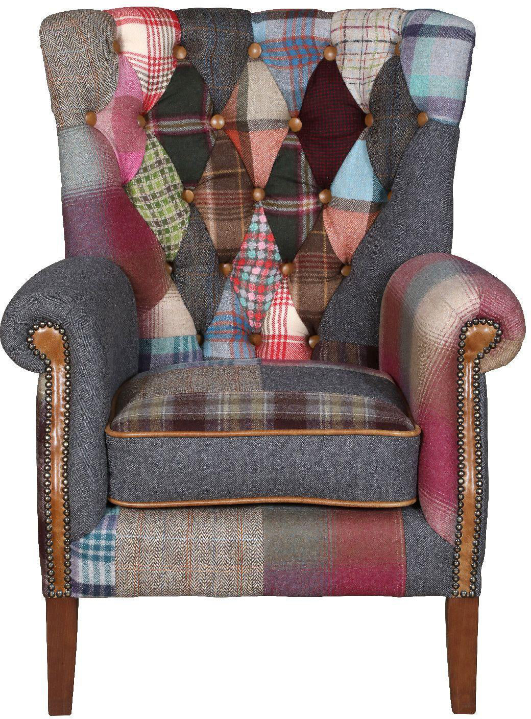 Vintage Sofa Company Barnard Patchwork Chair combines a traditional design with a mixed patchwork upholstery, scrolled arms with brass stud detailing and a deep filled seat cushion with tan leather piping