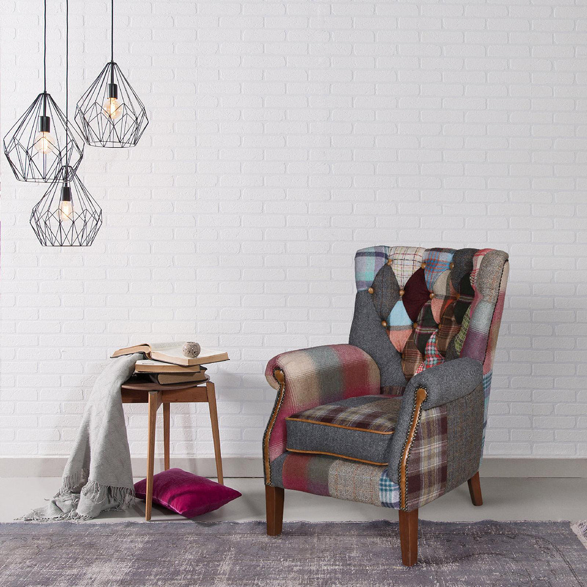 Vintage Sofa Company Barnard Arm chair is a vibrant patchwork arm chair with real personality, the Barnard brings colour, texture and comfort into one compact statement piece. Deep buttoning, brass stud detailing and mixed rich fabrics.