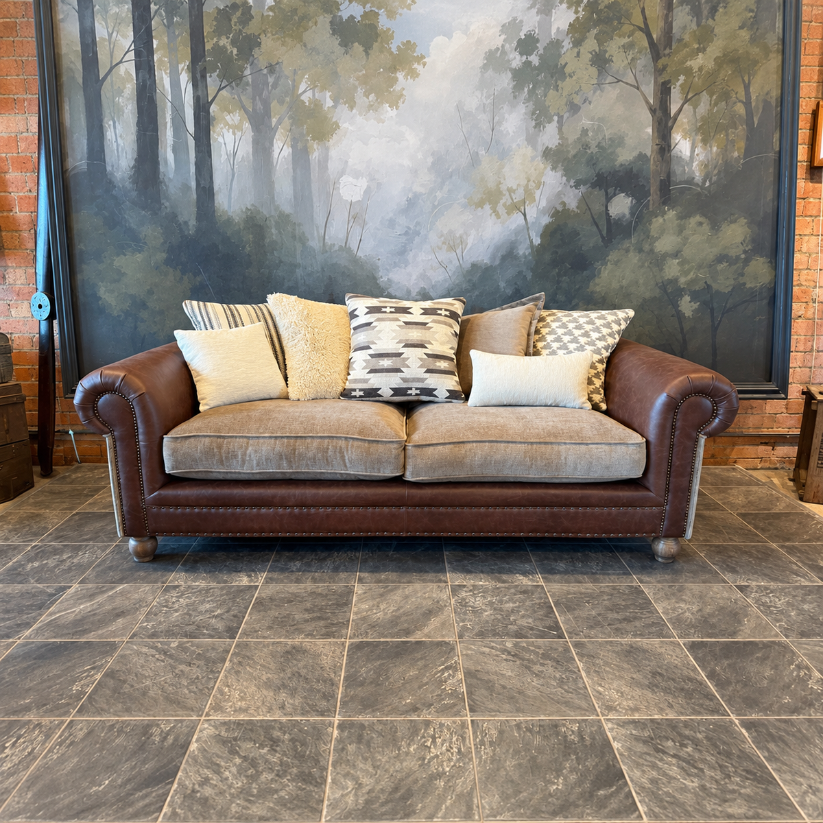 Vintage Sofa Company Bloom 2 Seater Sofa in Verona and Fudge Leather with Aztec Cushions showing the complete product in a room setting
