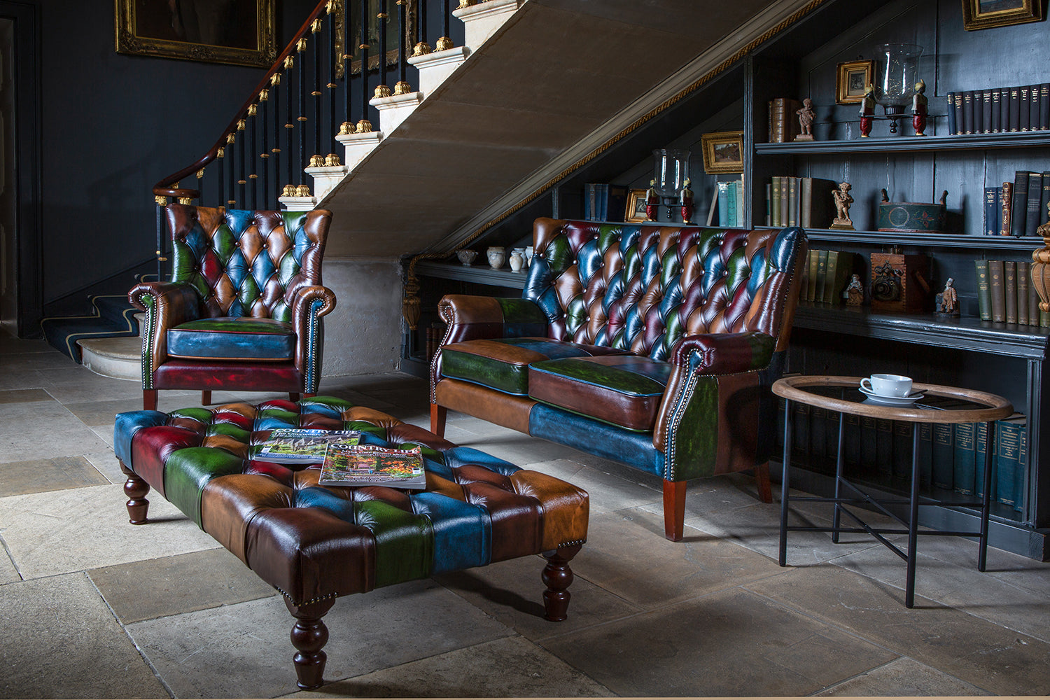 Vintage Sofa Company Bowes Rub-Off Leather Patchwork Arm Chair. a 2 seat sofa and a footstool are also available in this collection