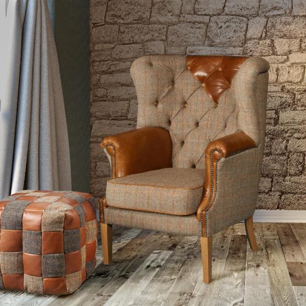 Vintage Sofa Company Buckingham Wingback Armchair in Hunting Lodge Harris Tweed with tan leather panels, deep buttoning and brass stud detail