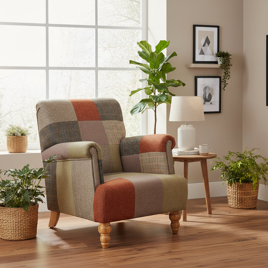 Vintage Sofa Company Burford Harlequin Chair in Fabric Patchwork features softly scrolled arms, a generous seat and turned wooden feet
