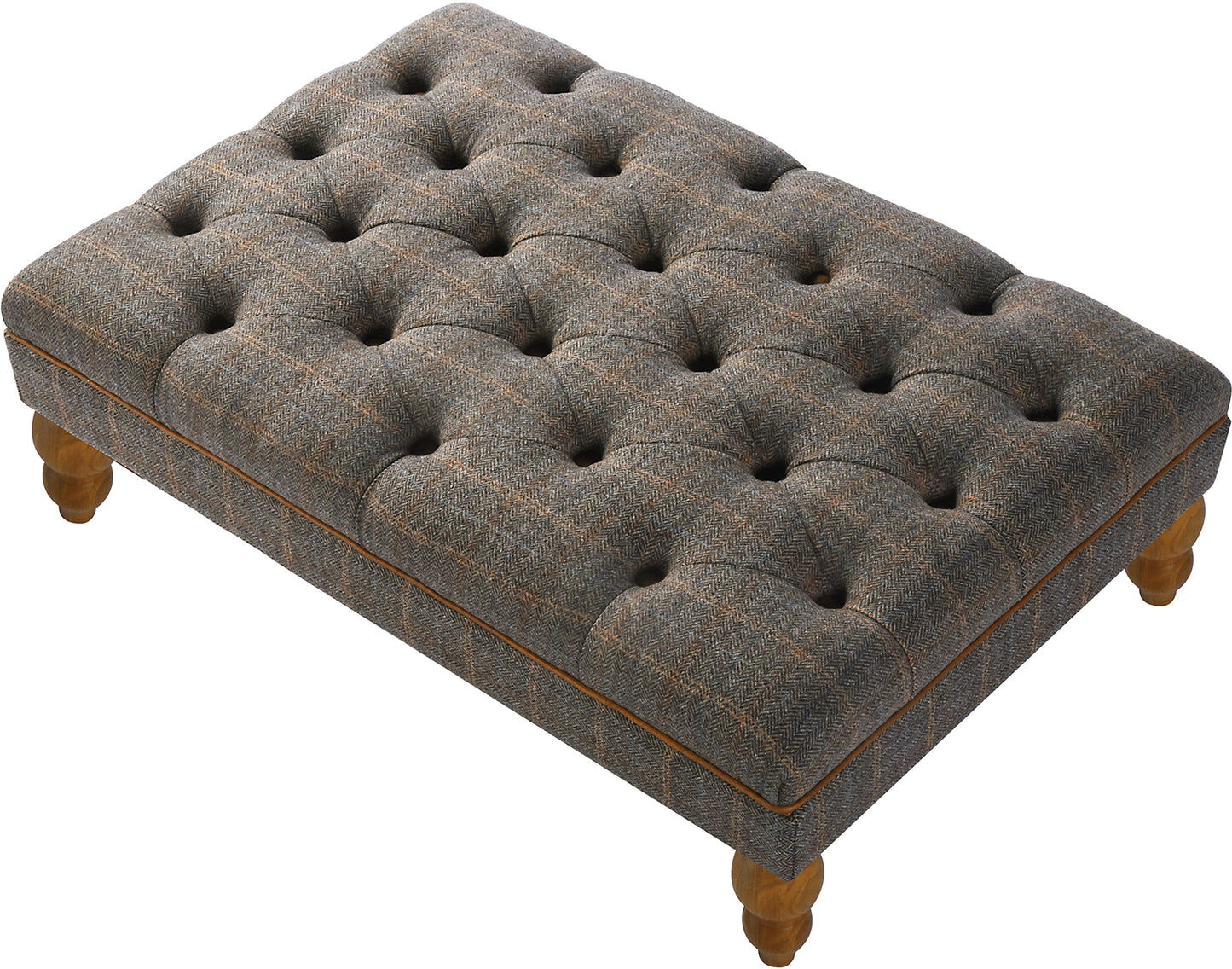 Vintage Sofa Company Buttoned Footstool in Fellwood Lodge Harrington Tweed with deep button tufting, tan leather piping and turned wooden legs