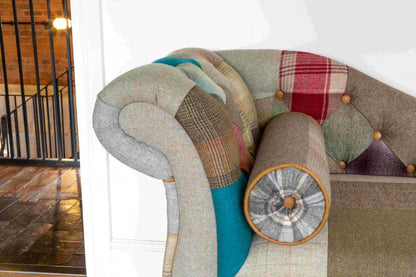 Vintage Sofa Company Chester Chaise Sofa in Upholstered in Patchwork fabric with matching bolster cushion, button tufting and one scrolled arm