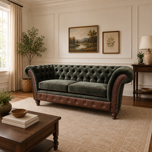 Vintage Sofa Company Chester Club 2 Seater Sofa in Verona Seaweed and Fudge Leather showing the complete product in a room setting