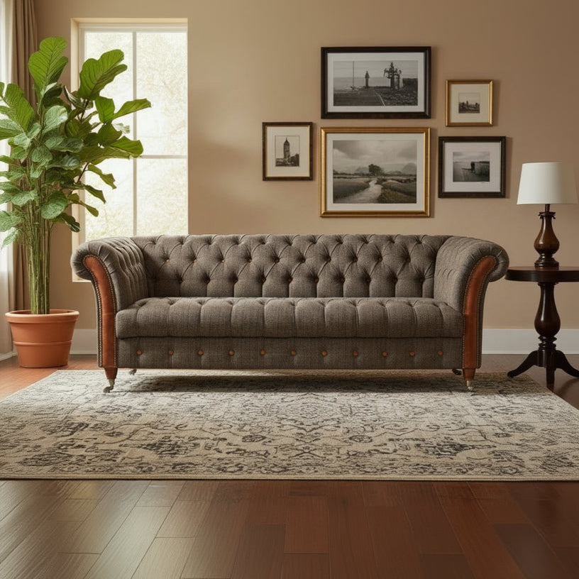 Vintage Sofa Company Chester Club 3 Seat Sofa in Moreland Harris Tweed Fabric with tan leather details, deep button tufting, scrolled arms and turned wood feet with castors