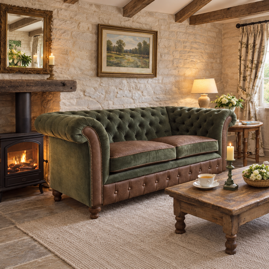 Vintage Sofa Company Chester Club Deluxe 2 Seater Sofa in Verona Seaweed and Fudge Leather showing the complete product in a room setting