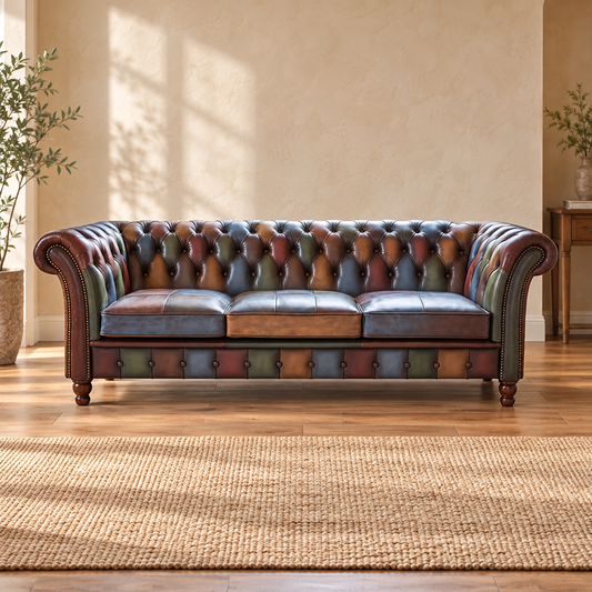 Vintage Sofa Company Chester Croft 3 Seater Sofa in Hand Antiqued Leather Patchwork showing the complete product in a room setting