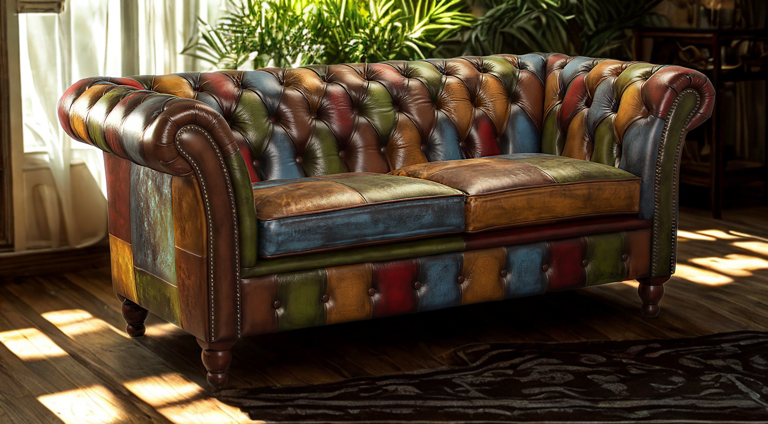 Vintage Sofa Company Chester Croft Rub Off Leather Patchwork 2 Seater Sofa with deep button tufting, rolled arms, brass stud detailing and turned wooden feet