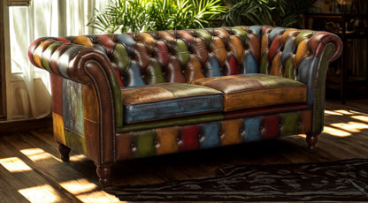 Vintage Sofa Company Chester Croft Rub Off Leather Patchwork 2 Seater Sofa with deep button tufting, rolled arms, brass stud detailing and turned wooden feet
