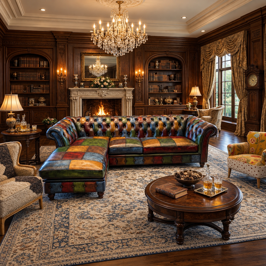 Vintage Sofa Company Chester Grange 3 Seater Chaise Sofa in Hand Antiqued Leather showing the complete product in a room setting