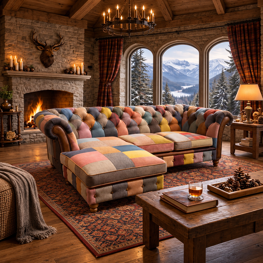 Vintage Sofa Company Chester Grange 3 Seater Patchwork Chaise Sofa showing the complete product in a room setting