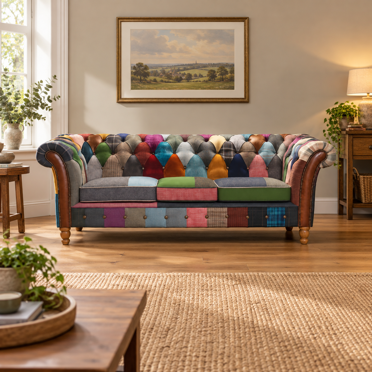 Vintage Sofa Company Chester Grange 3 Seater Patchwork Sofa showing the complete product in a room setting