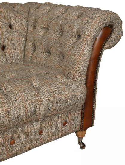 Vintage Sofa Company Chester Lodge 2 Seat Sofa in Hunting Lodge Harris Tweed Fabric with deep button tufting and tan leather panels to the scrolled arms