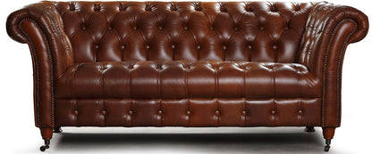 Vintage Sofa Company Chester Oliato 2 Seater Sofa with premium soft buttery leather, deep button tufting, scrolled arms and turned wooden legs